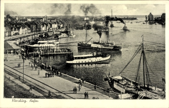 Postcard Flensburg in Schleswig Holstein, harbor, steamer