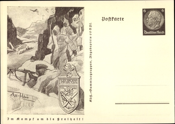 Postal stationery artist Postcard Axster Heudtlaß, In the fight for freedom, Narvik, mountain troops in Norway
