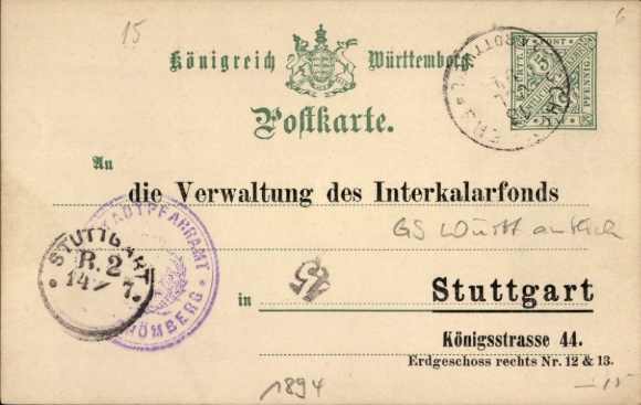 Voorloper postwaardestuk ansichtkaart Stuttgart, ontvangstbewijs van stortingsbewijzen, katholiek. Parochiekantoor, 1894