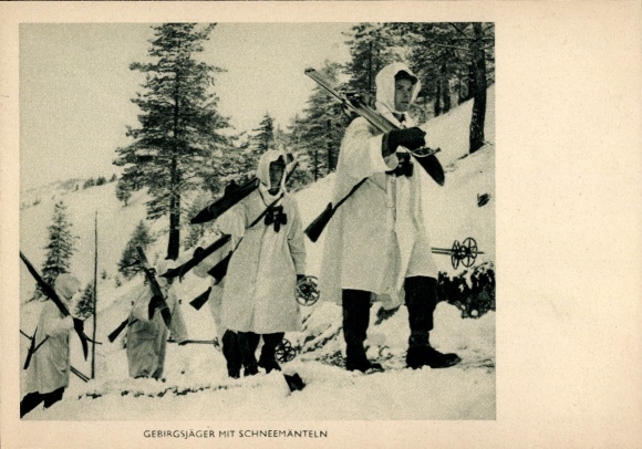Postcard mountain hunters with snow coats, skis, coats, rifles