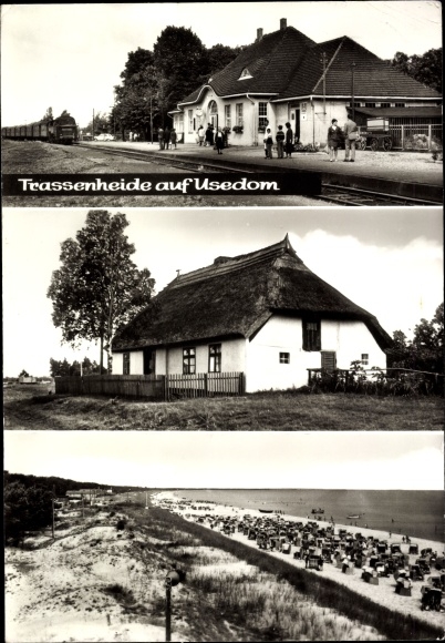Postcard Trassenheide on Usedom, thatched cottage, beach, train station