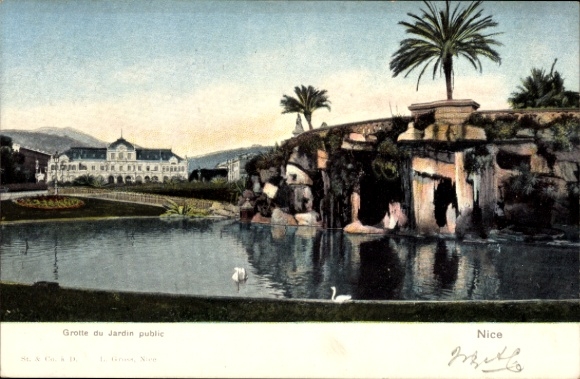 KP Nice Alpes Maritimes, Grotte du Jardin publiczna, woda, palmy, krajobraz