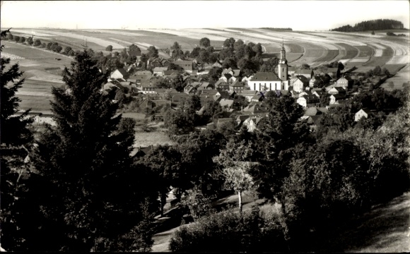 Postcard Wurzbach in Thuringia, village view with church, rural surroundings, trees, fields