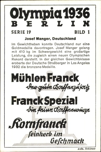 Collection picture Olympia 1936 series 19 picture 1, the German weightlifter Josef Manger, Franck Kaffee