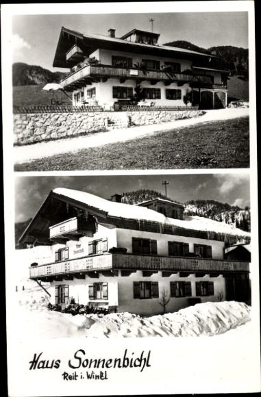 Postcard Reit im Winkl Upper Bavaria, Haus Sonnenbichl, Reit i. Winkl, two views of the building