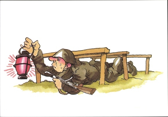 Artist Postcard Muzeniek, Peter, NVA soldier during field exercise, lantern, military trade organization