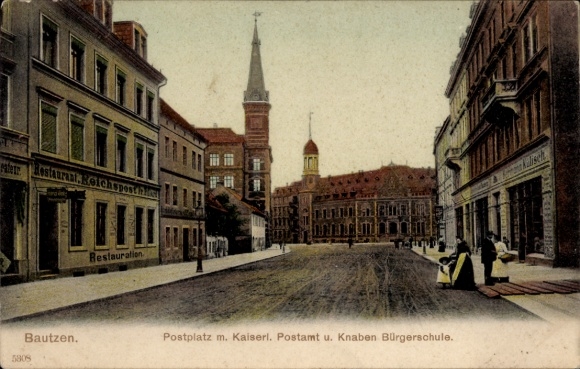Ak Bautzen in Oberlausitz, Postplatz, keizerlijk postkantoor, jongensschool, restaurant