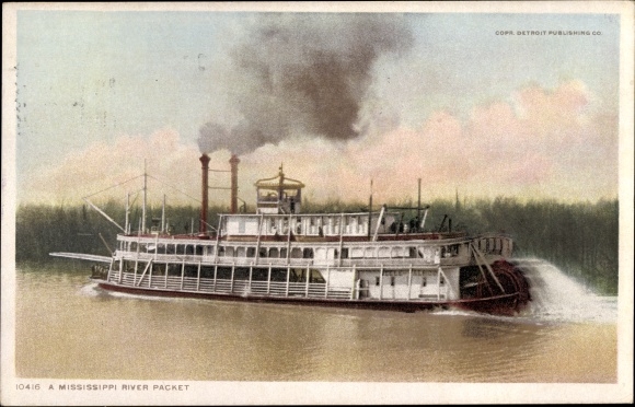 Postcard A Mississippi River Packet, paddle steamer