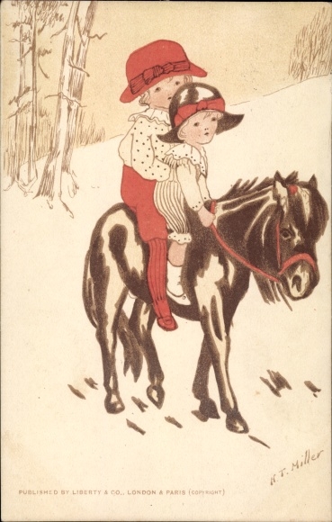 Artist PC Miller, HT, Two girls riding on pony