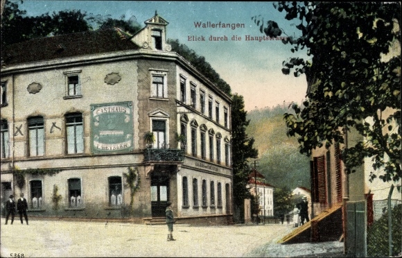 Postcard Wallerfang in Saarland, main street, inn Zum Schwan