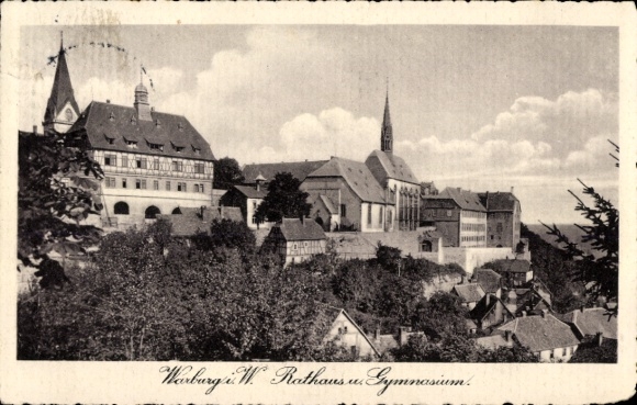 Postcard Warburg in Westphalia, town hall and high school