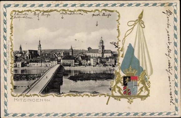 Passepartout embossed coat of arms PC Sulzfeld am Main in the district of Kitzingen, view of the town, bridge