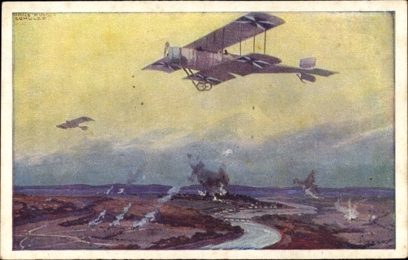 Künstler Ak Schulze, Hans Rudolf, Militärdoppeldecker auf Erkundungsflug an der Marne, I. WK