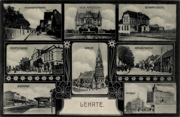 Postcard Lehrte in Lower Saxony, church, Königstrasse, Schwanenburg, Villa Nordstern, train station, side of the track