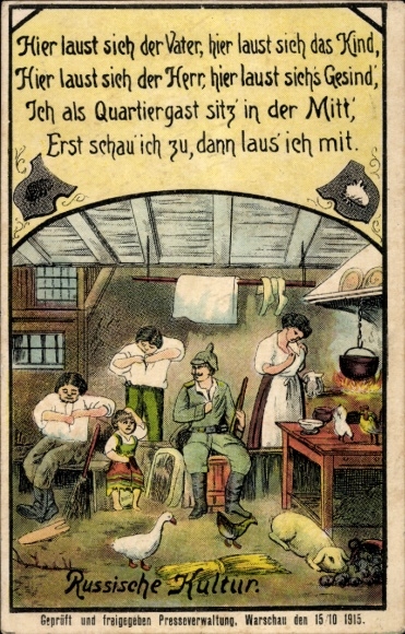 Ak Russische Kultur, Deutscher Soldat in einer russischen Bauernstube, I. WK