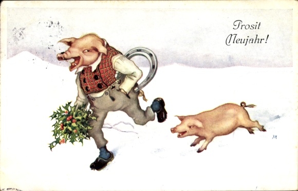 Postcard Happy New Year, pigs, horseshoe