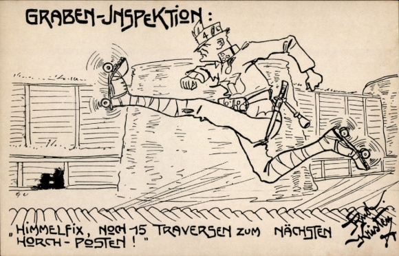 Artist Postcard Kristen, R., Trench Inspection, Himmelfix, Soldier on Roller Skates, Orphan Foundation