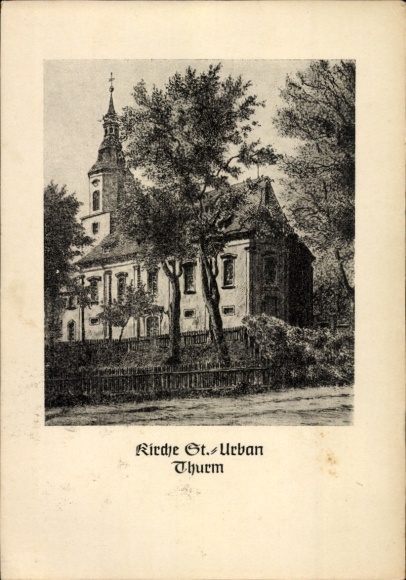 Ak Mülsen in Sachsen, Kerk van St. Urban, toren, totaalbeeld gezien vanaf de straat