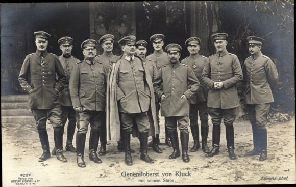 Postcard Generalobert Alexander von Kluck with his staff, uniforms, Liersch 7207
