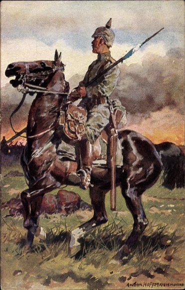 Kunstenaarskaart Hoffmann, Anton, soldaat op het slagveld, vrijwillige verpleging in de oorlog
