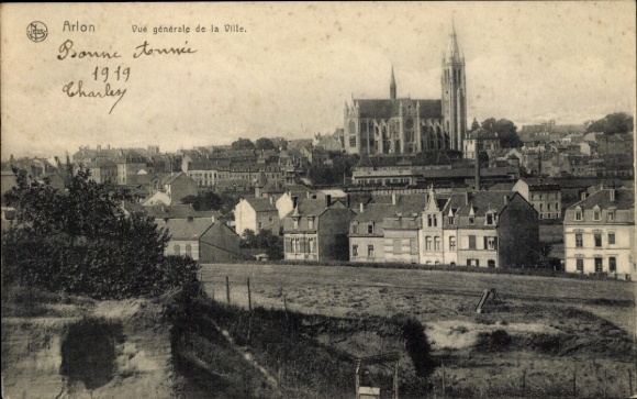 Postcard Arlon Aarlen Wallonia Luxembourg, panorama of church tower, houses, rural surroundings