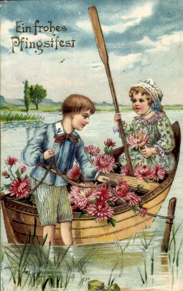 Glitter Postcard Congratulations Pentecost, rowing boat, children