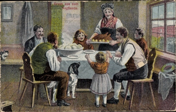 Ak Vogtland, Bauernstube, Trachten, Klöße, Hund