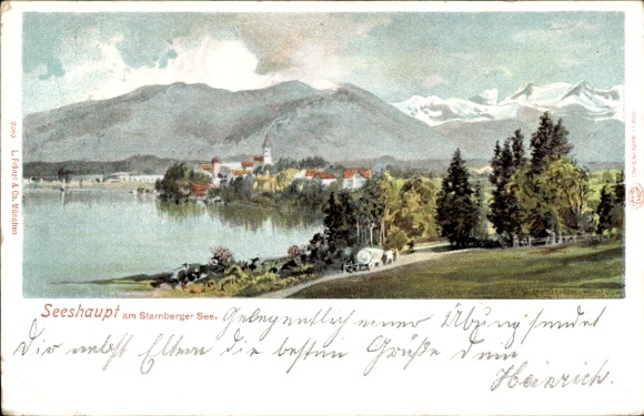 Postcard Seeshaupt on Lake Starnberg, Upper Bavaria, Panorama