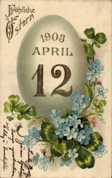 Präge Ak Glückwunsch Ostern, Osterei, Glücksklee, Vergissmeinnicht
