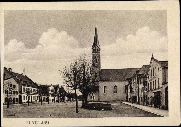 Postcard Plattling in Lower Bavaria, marketplace, church, shops