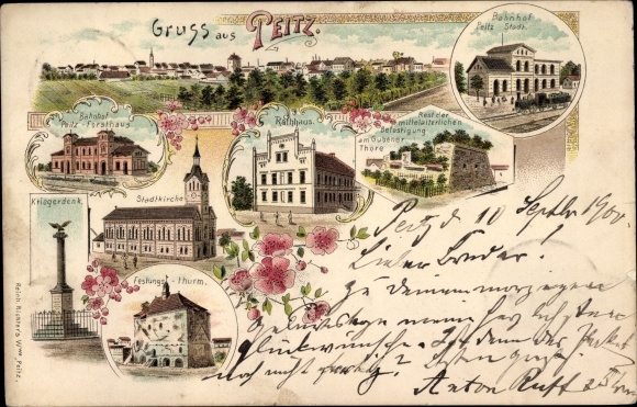 Litho Peitz in der Niederlausitz, Bahnhöfe, Rathaus, Festungsturm, Kriegerdenkmal