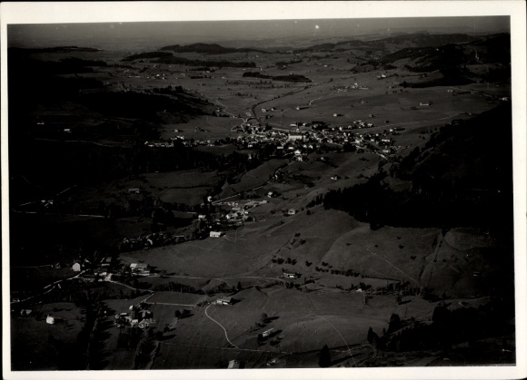 Postcard Oberstaufen in the Allgäu, hilly landscape with many small villages
