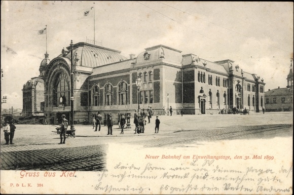Postcard Hansestadt Kiel, new station on the inauguration day March 31, 1899