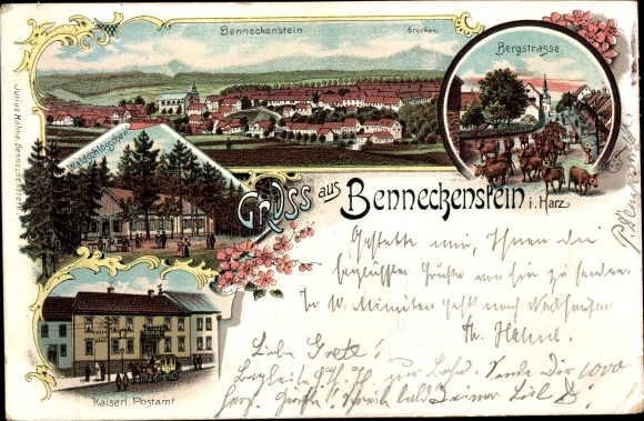 litho Benneckenstein Harz, Bergstraße, Waldschlösschen, postkantoor