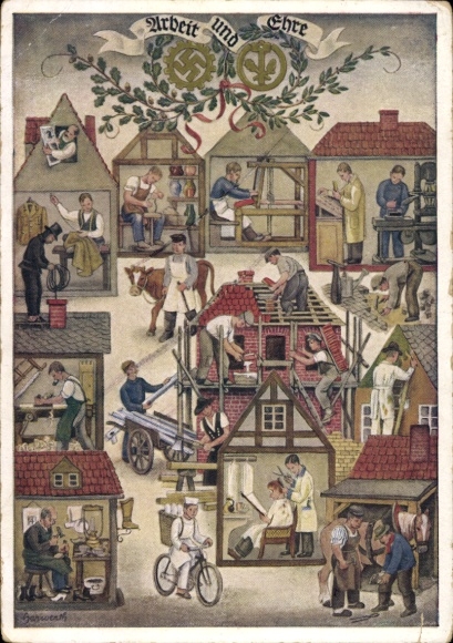 Künstler Ak Reichshandwerkertag 1936, Arbeit und Ehre, Friseur, Bäcker, Töpfer, Schornsteinfeger