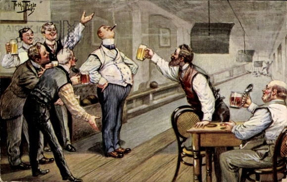 Künstler Ak Thiele, Arthur, Männer beim Kegelabend, Alle Neune, Bier