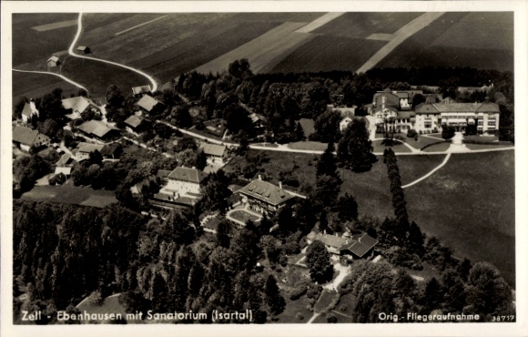 Ansichtkaart Zell Ebenhausen Schäftlarn in Opper-Beieren, gedeeltelijk zicht met sanatorium, luchtfoto