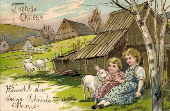Präge Litho Glückwunsch Ostern, Kinder, Lamm, Häuser