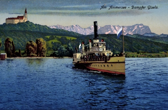 Pocztówkowy parowiec salonowy Gisela nad jeziorem Ammersee, Zieher