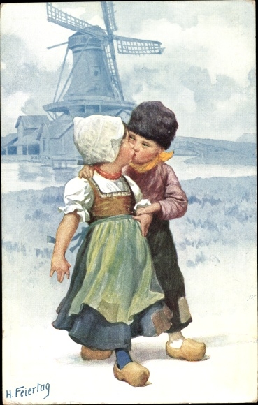 Artist PC Holiday, Karl, Dutch folk costumes, windmill, children kissing
