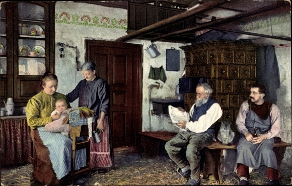 Postcard Bauernstube in the Erzgebirge, family, lace bag, traditional costumes, Verlag Wilhelm Vogel