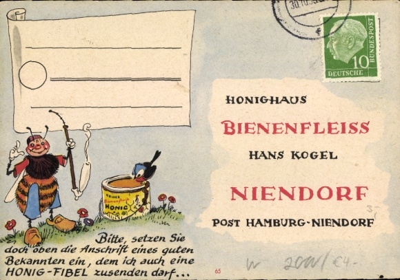 Postcard Hamburg Niendorf, advertising, Hans-Kogel-Honighaus bee diligence, bee, honey pot