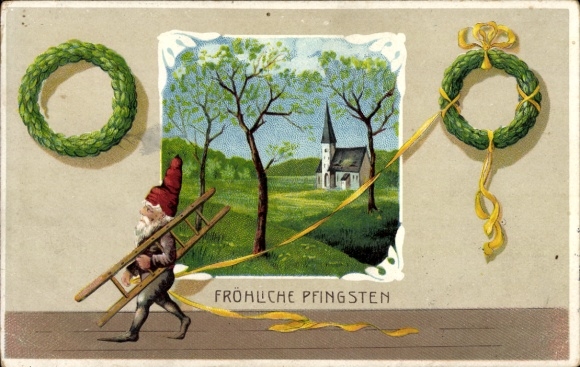 Postcard Congratulations Pentecost, dwarf, ladder, tree, wreath