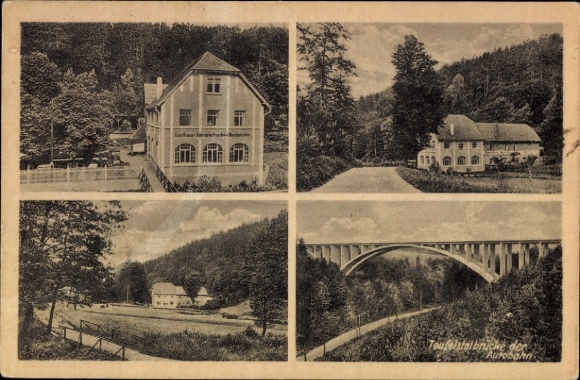Postcard Hermsdorf in Thuringia, Gasthof zur Bockmühle, Teufelstalbrücke of the motorway