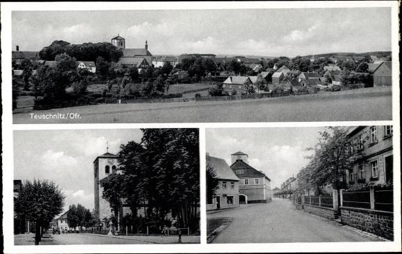 Postcard Teuschnitz im Frankenwald, overall view, street view, church