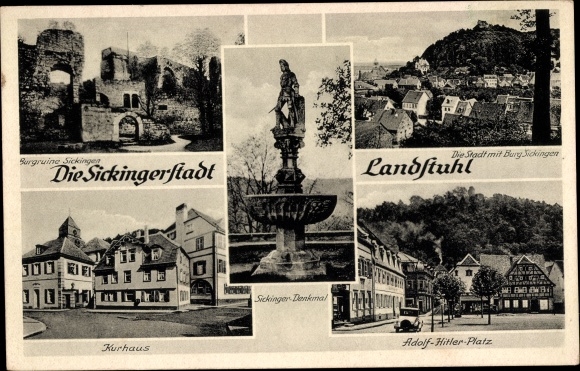 Ak Landstuhl in der Pfalz, Burgruine Sickingen, Kurhaus, Adolf Hitler Platz, Denkmal
