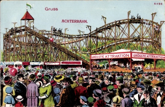 Postcard roller coaster, fairground, attractions, visitors