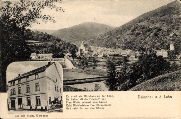 KP Dausenau an der Lahn w Nadrenii-Palatynacie, widok na miasto ze starym zabytkowym zajazdem