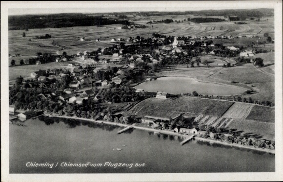 Postcard Chieming am Chiemsee Upper Bavaria, aerial photograph of Chiemsee, photo from airplane