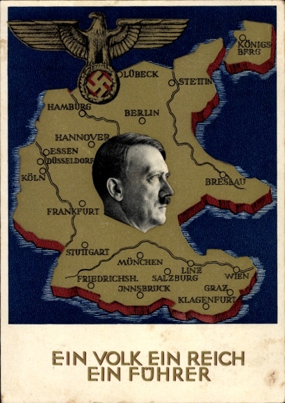 Postal stationery Postcard Klein, One people, one Reich, one Führer, Anschluss of Austria 1938, Greater Germany